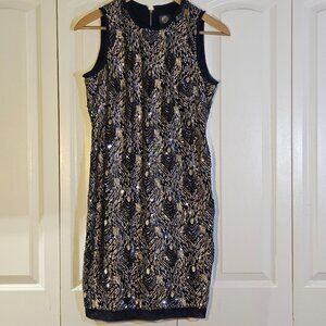 Vince Camuto Sequin Shift Dress 12 Blue Gold 1920s Gatsby Cocktail Party Glam